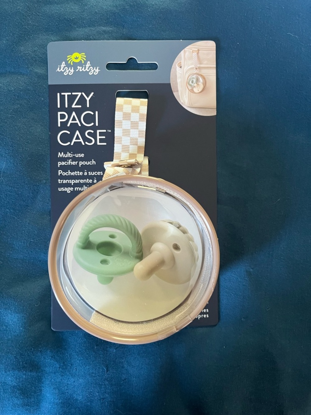 Itzy Ritzy Clear Paci Case with Tan Check Strap